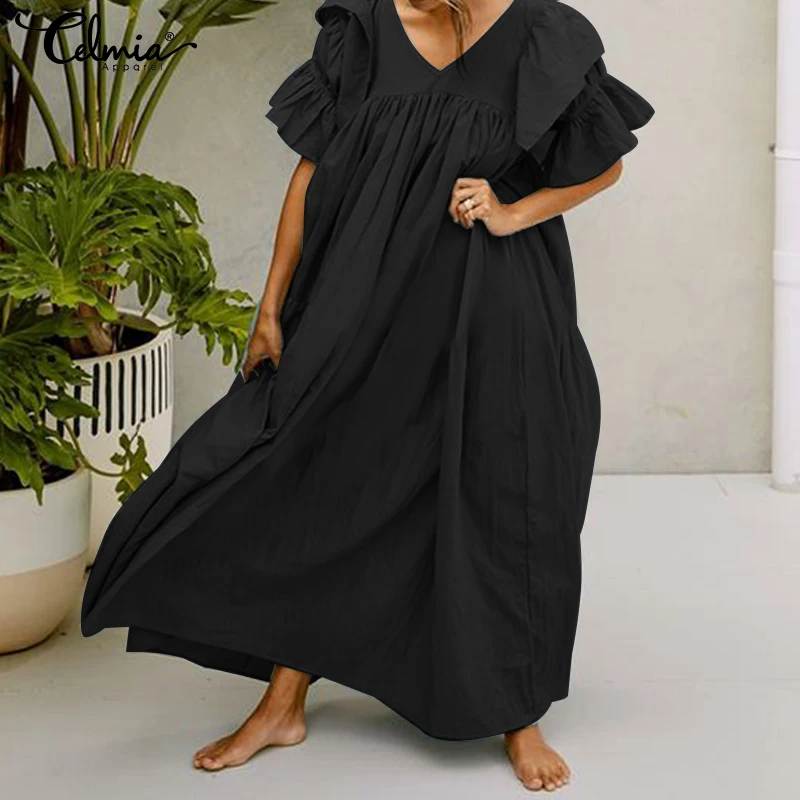 

Women's Sundress Celmia 2019 Summer Sexy V-neck Ruffle Sleeve Maxi Long Dress Casual Loose Solid Pleated Shirt Vestidos S-5XL