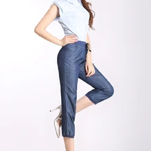 Женские весенние брюки большого размера с эластичной резинкой на талии длиной до икры женские летние тонкие прямые джинсы больших размеров d женские брюки