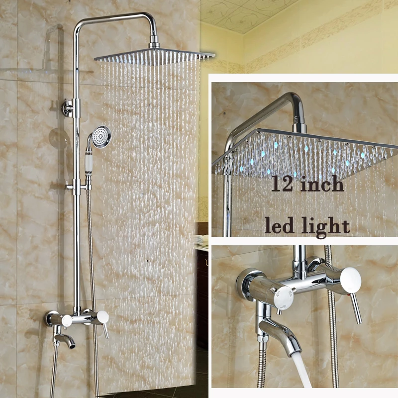 Polished Chrome Wall Mount Tub Shower Faucet Set Single Lever with Handheld Shower 12 LED Light