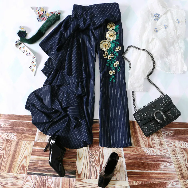 

New Fashion Women Flare Pants.Asymmetrical Ruffles Pants Office Lady Embroidery Straight Trousers for women