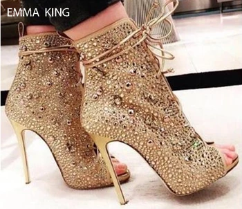 

Spring Autumn Crystal Drill Ankle Boots For Women Lace-up Open Toe Thin High Heels Botas Sexy Party Botines Mujer Ladies Shoes