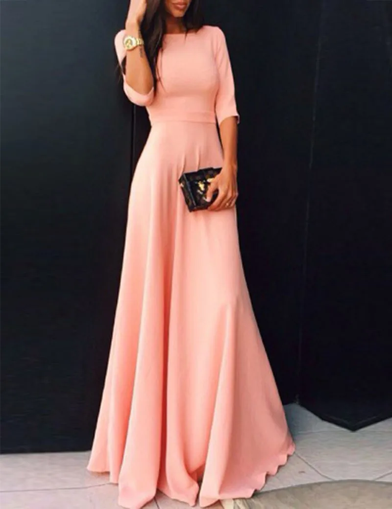 2016 Coral Long Satin Modest Bridesmaid Dresses With Half Sleeves A line Floor Length Wedding