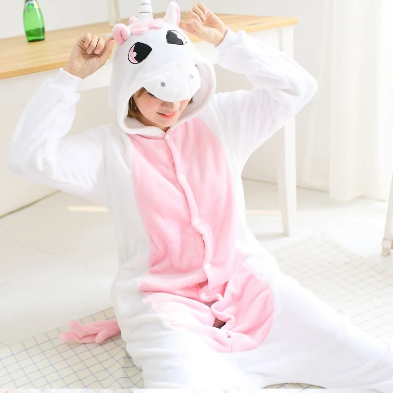 

Pink Unicorn Pajamas Sets Flannel Animal Pajamas Winter Nightie Stitch unicornio Sleepwear for Women Men Adult