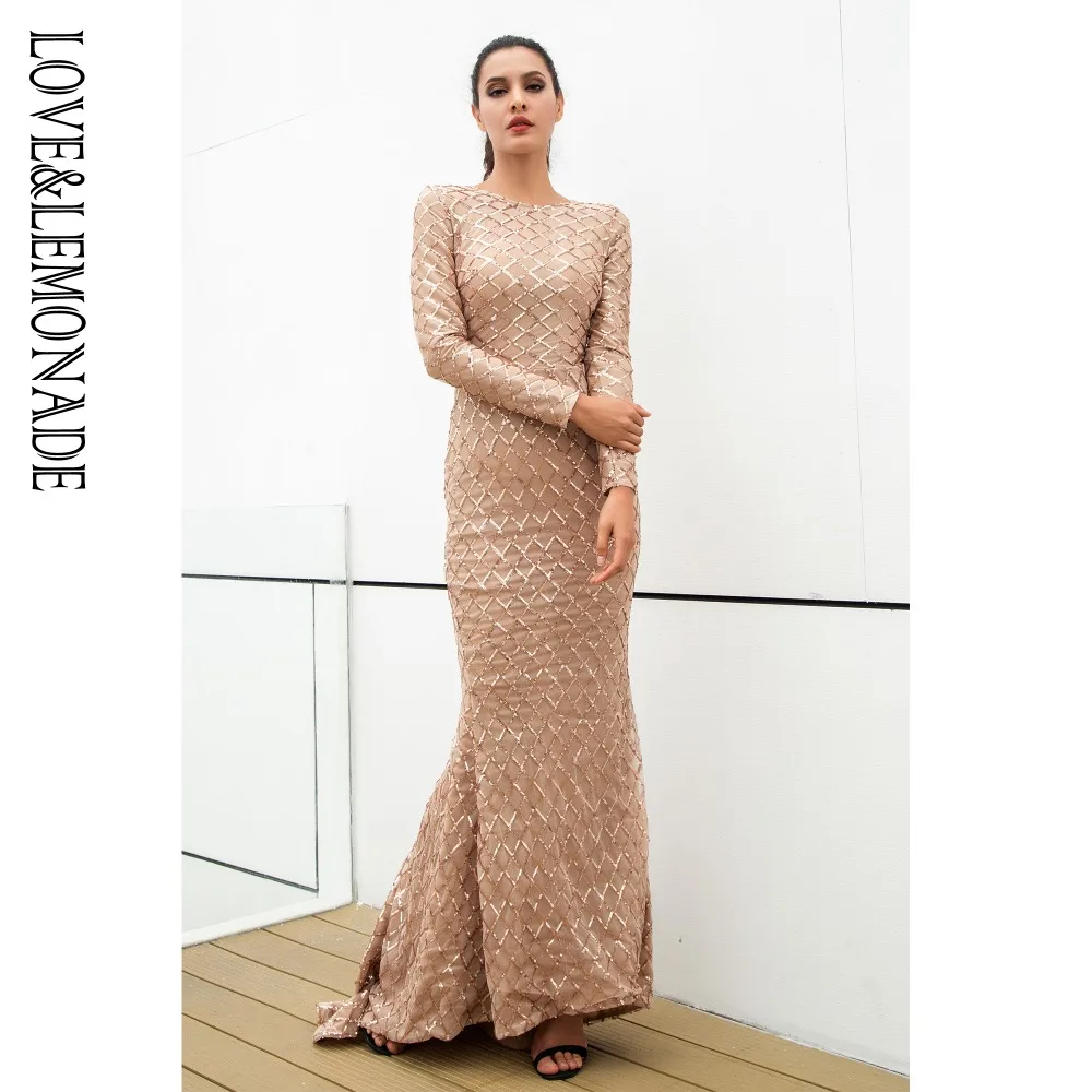 

LOVE & LEMONADE Glod Open Back Plaid Sequined Fish Long Dress LM0763