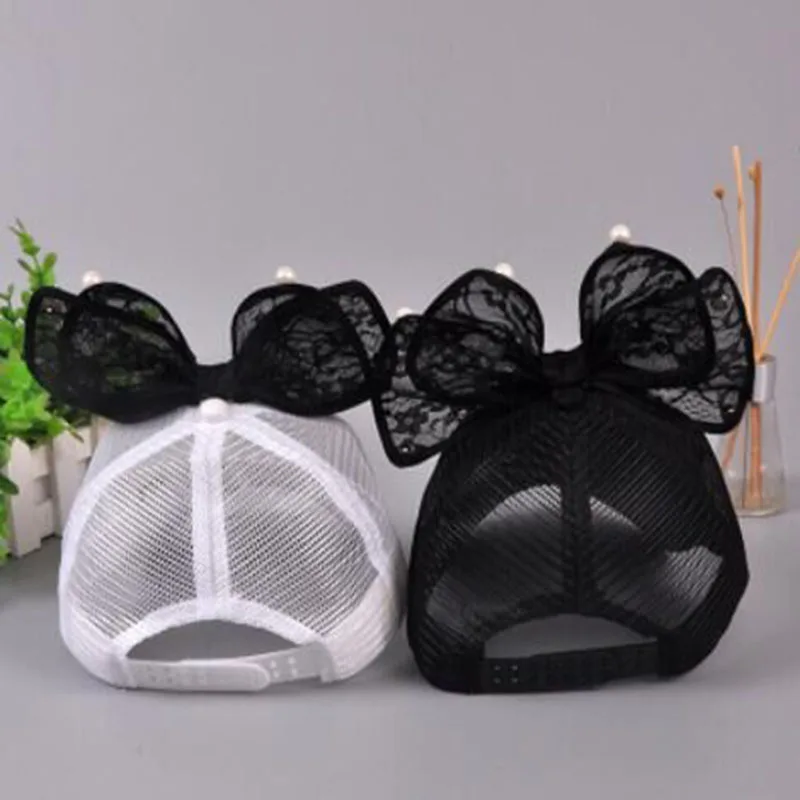 MAERSHEI Cute Girls Mesh cap Summer Children Baseball Cap Girls Rabbit Ear Pearl Big Bow Kids Sun Hat Snapback Hip Hop Caps