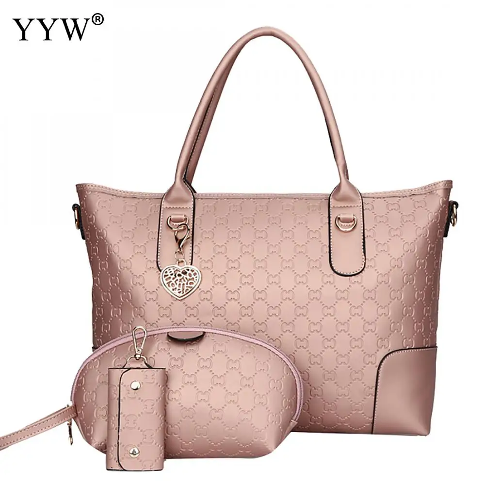 

3 PCS/Set Solid Color PU Leather Handbags Women Bag Set Famous Brands Tote Bag Lady's Clutch Bags and Key Wallet Womens'Pouch