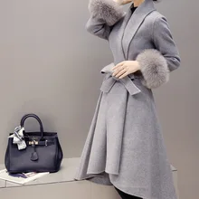 Элегантное тонкое женское зимнее шерстяное пальто, Осеннее зимнее длинное шерстяное пальто и куртка, однотонная Верхняя одежда со съемным мехом размера плюс