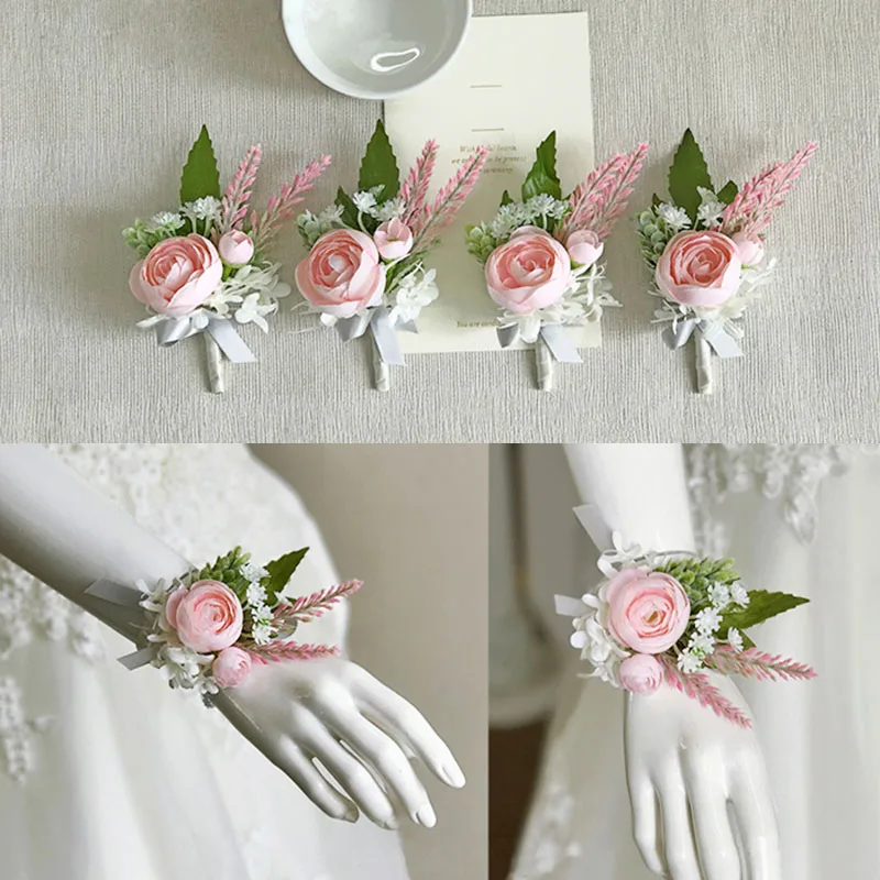 bride wrist corsage wedding flower  Groom Groomsman boutonniere Brooches rose artificial flower (3)