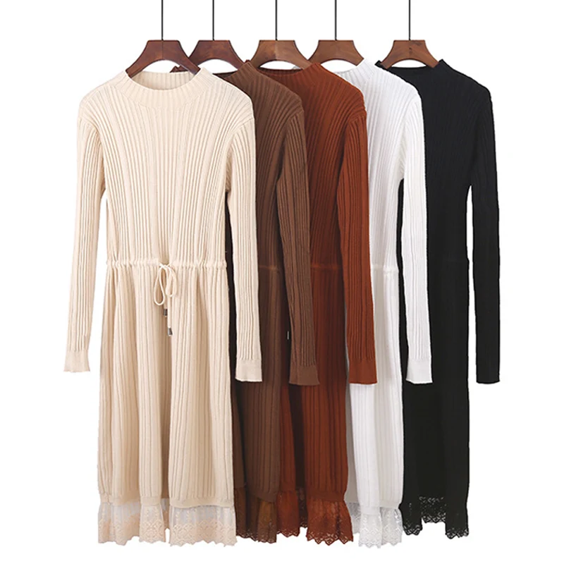 New Knit Midi Dress Women Autumn Long Sleeve Solid Knitting Dresses Female Turtleneck Lace Patchwork Party Dress Casual Clothes