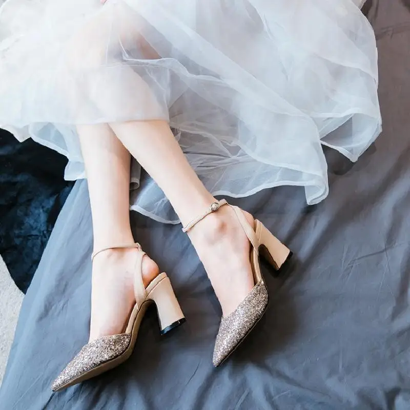 

Summer silver gold ankle straps bling sequines wedding shoes bride sexy point toes 7CM block heel ladies party dinner pump shoes