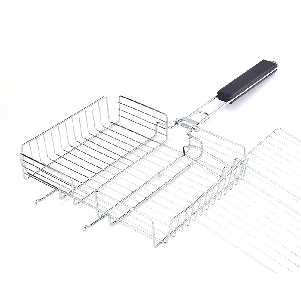 Антипригарная прямоугольная корзина для гриля, складная решетка для барбекю, корзина для овощей, набор, черная деревянная ручка для барбекю, мяса, принадлежности для барбекю, инструмент