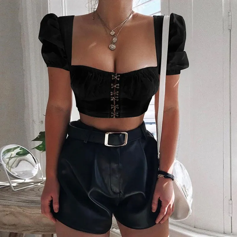 

Sexy Low Cup Slim Tops Women Lace-Up Summer Short Tee Wrinkled Short Sleeve Tops Backless Tight-fitting Bottoming Tops