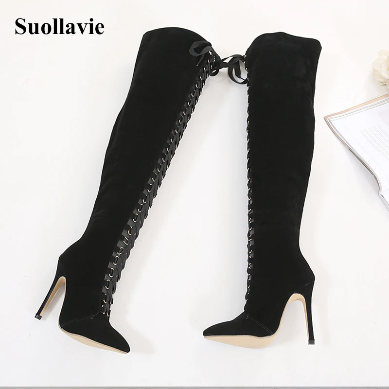 Suollavie/2019 г. новые женские сапоги выше колена на высоком каблуке пикантные зимние