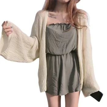 

2019 Summer harajuku Loose Cardigan Knitted Sunscreen Women's Shirt Open Stitch Shirt Fit Outwear Long Flare Sleeve Thin Top