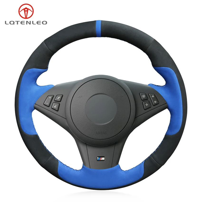 

LQTENLEO Hand-stitched Car Steering Wheel Cover Black Blue Suede For BMW E60 M5 2005-2008 E63 E64 Cabrio M6 2005-2010