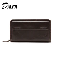 DALFR Genuine Leather Male Wallet Card Holder Long Money Purse for Men Vintage Style Zipper Cowhide Mens Clutch Bag