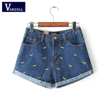 Women Summer Banana Flower Embroidery Cotton Denim Shorts 2016 curling Loose Large Type casual female waist