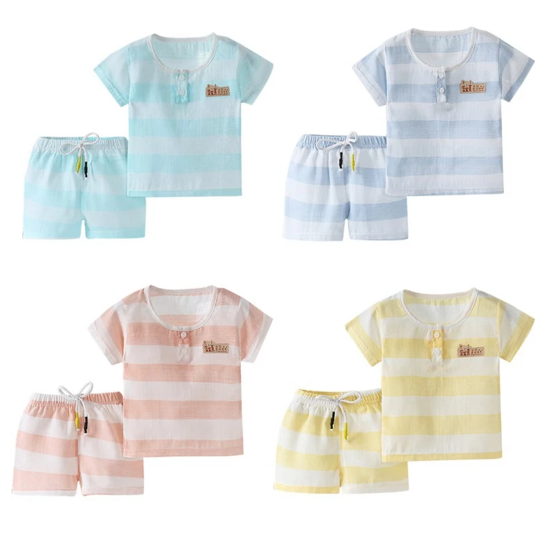 

Summer Suit Baby Boys Girls Short Sleeve Striped Print T-shirt Tops+Shorts Casual Outfits Clothes Sets Breathable 2019 New