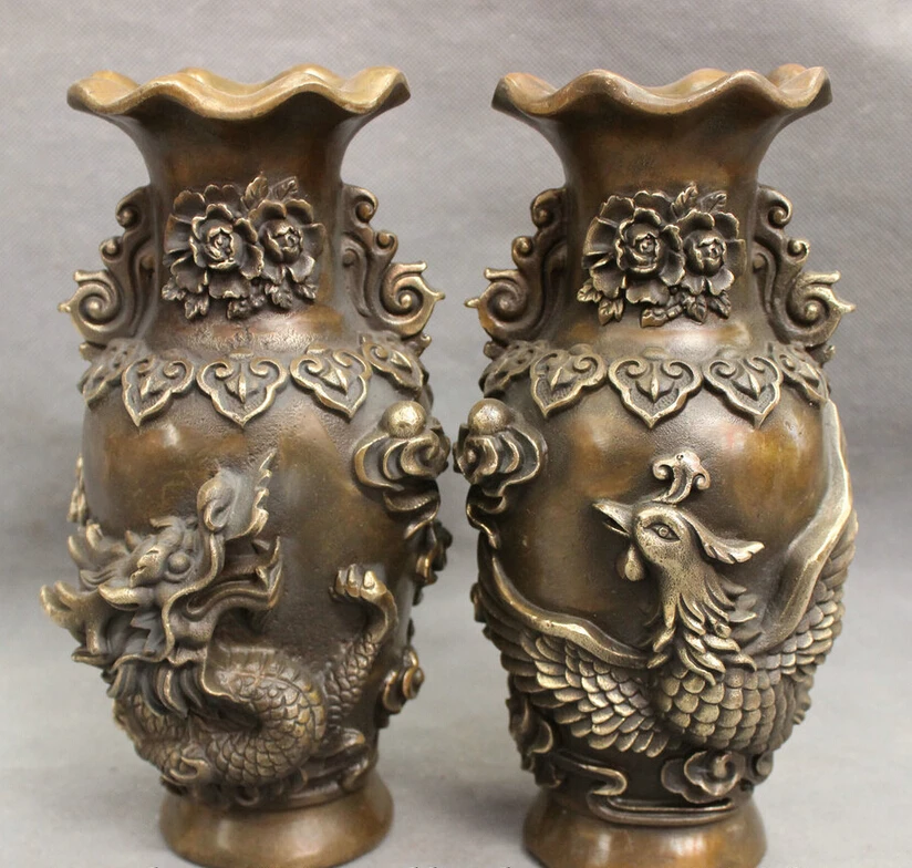 

Collectible bronze S1399 9" Chinese Bronze Copper Myth Fly Dragon Phoenix Statue Flower Vase Pot Pair (B0413)