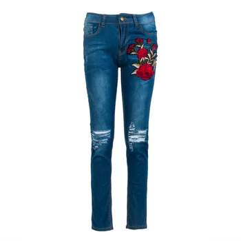 

Vintage Jeans Women Pencil Pants Denim Pant Skinny Ripped Pants High Waist Stretch Jeans Floral Embrodery Skinny Trousers