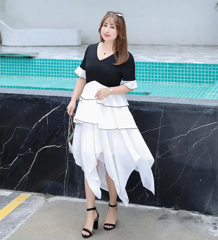 Женские летние белый черный контраст цвета Асимметричный длинное платье леди плюс размер сексуальное платье XL-4XL TB207