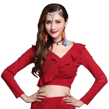 Одежда класса для женщин живота аксессуары для танцевальной одежды эластичная сетка блестящие точки с длинными и половинными рукавами v-образным вырезом Топ Кружева