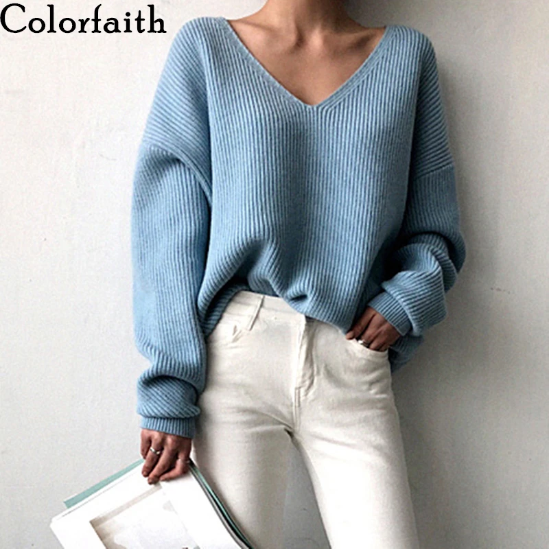 Tanie Colorfaith nowy 2019 jesień zima swetry damskie V Neck minimalistyczny topy modny koreański styl Knitting Casual Solid SW8112