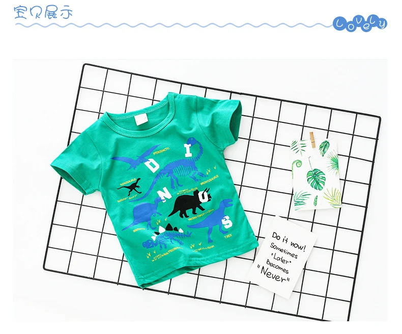 Модная летняя футболка для детей Детские футболки с принтом хлопковая детская футболка с круглым вырезом топы для мальчиков и девочек с зеленым динозавром