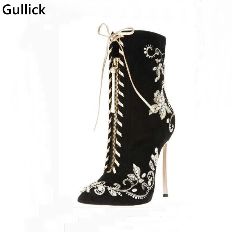 

Luxury Crystal Embroidery Ankle Boot Sexy high Heel Pointed Toe Bootie For Women Lace-up Front Cut-out Gladiator Boot