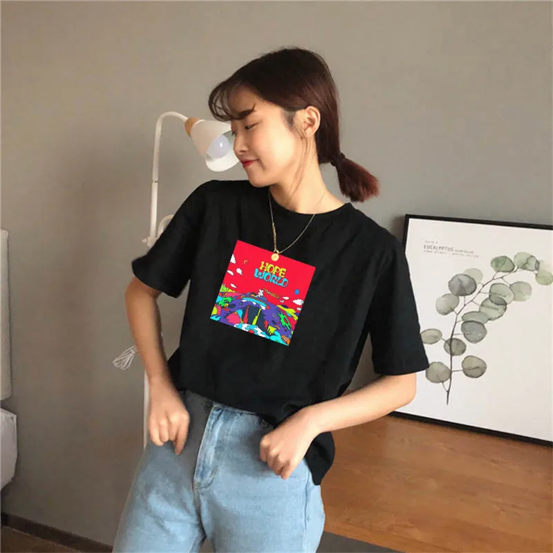 Korean Women T Shirts Short Sleeve Vogue Printed Hope World O-Neck Female T-Shirts Casual Tee Tops Woman Plus size Clothing