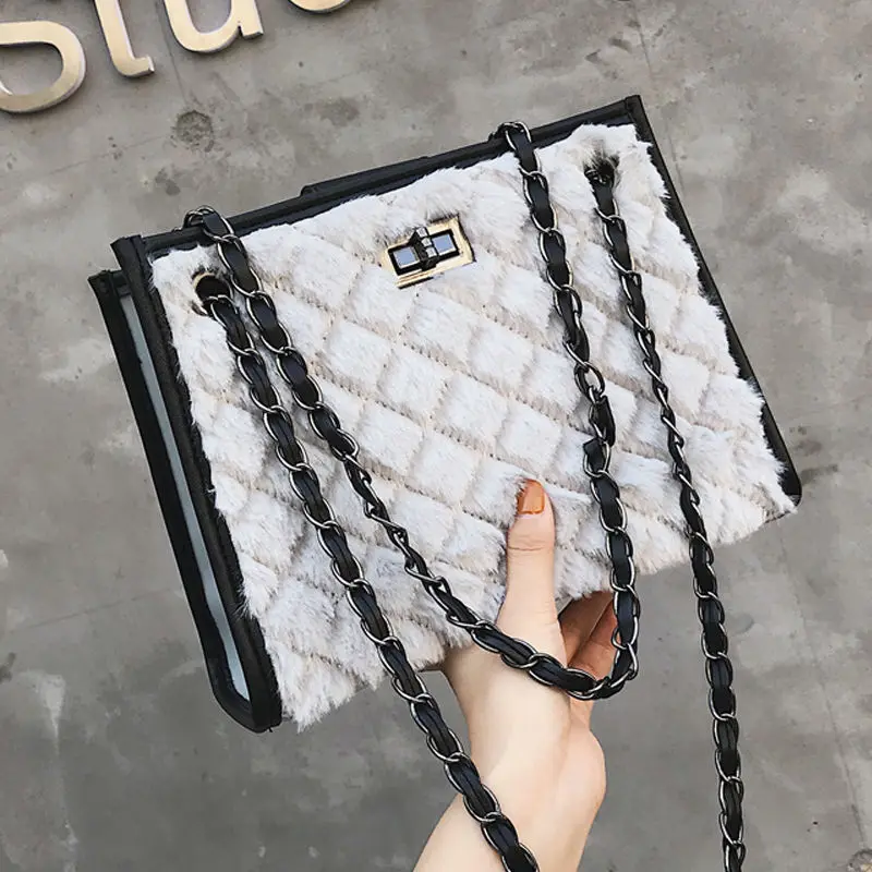 

Youbroer Autumn Winter New Female Embroidery Line Fashion Single Shoulder Cross Body Woolen Bag Diamond Lattice