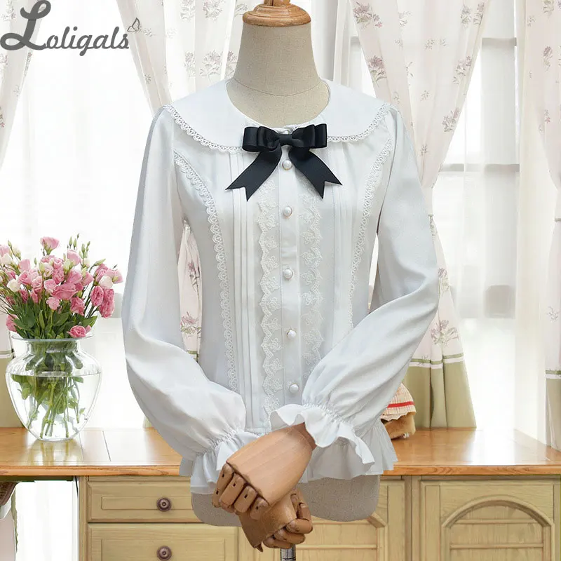 En Ligne Style japonais Mignon Blanc Chemise Col Claudine Manches Longues Chemisier Lolita avec Volants