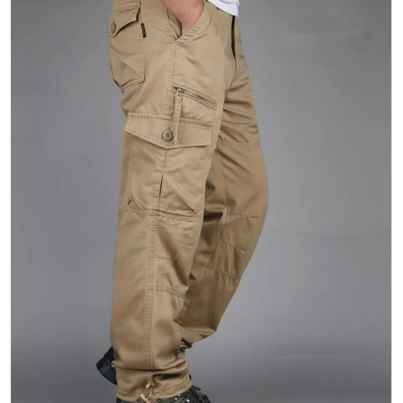 khaki Мужские хлопковые повседневные брюки, мужские комбинезоны брюки с несколькими карманами, мужские повседневные брюки, мужские брюки карго - Цвет: khaki