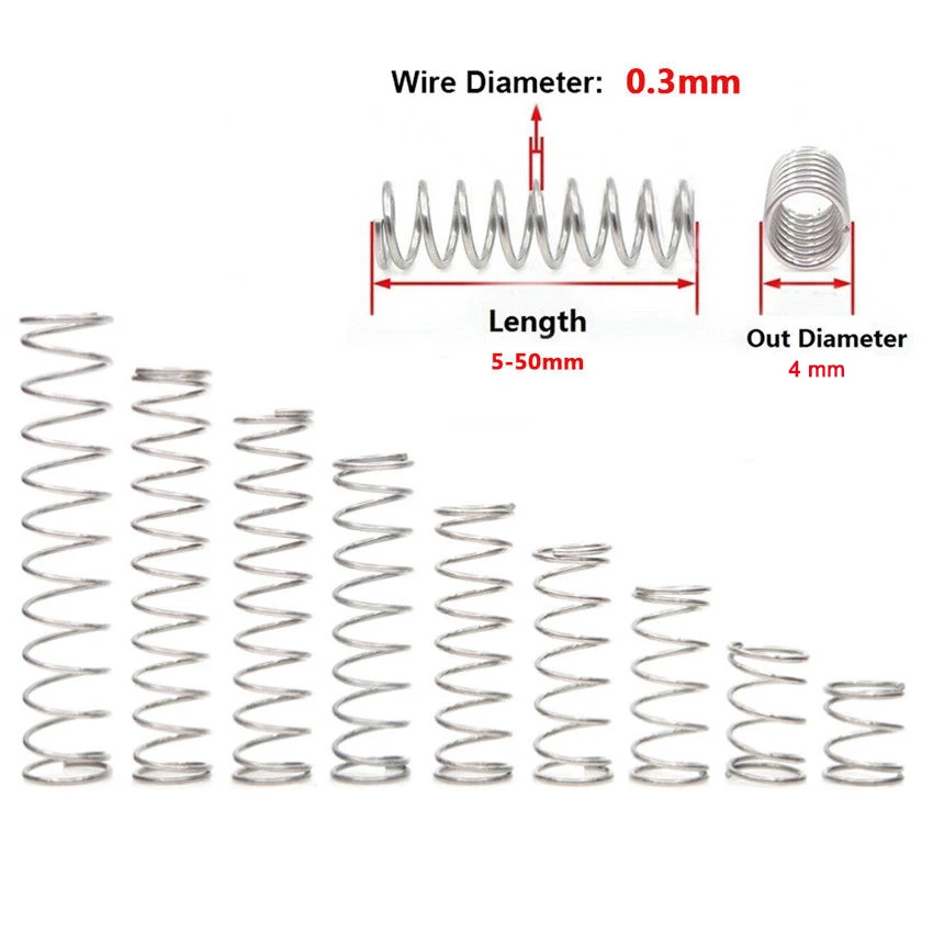 10 шт. компрессионная маленькая пружина диаметр проволоки 0,3 мм наружный диаметр 4 мм Длина давления 5 мм-50 мм 304 пружина из нержавеющей стали
