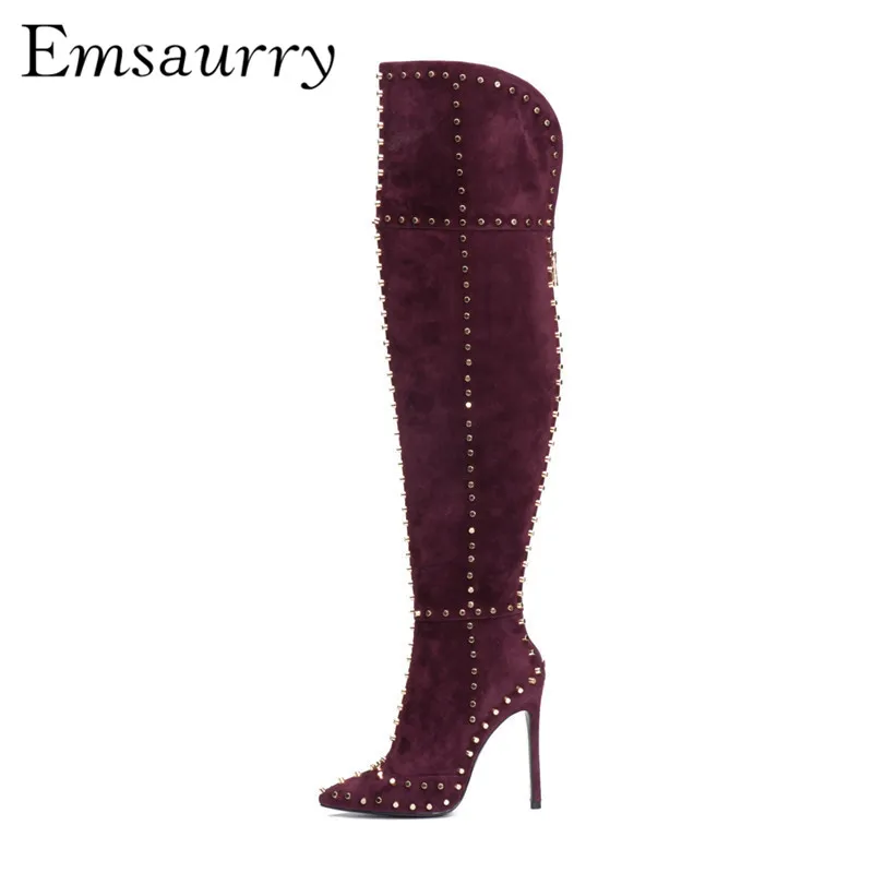 

Punk Style Rivet Decor Over The Knee Boots Stiletto Heel Pointed Toe Motorcycle Boots Black Blue Red Thigh High Boots Women