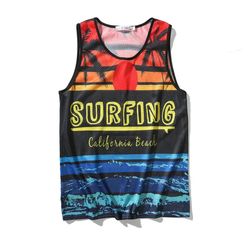 Mesh Tank Tops Cool Men Sleeveless California Letter Print Undershirt Net Summer Bodybuilding