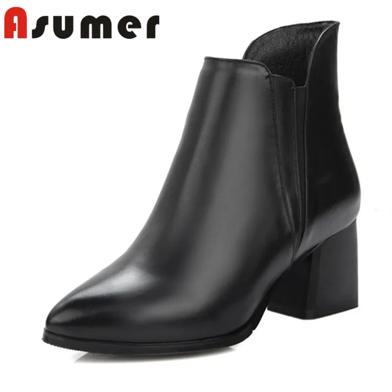 

ASUMER NEW 2020 adult fashion ankle boots for women simple pointed toe high heels boots thick heels winter genuine leather boots