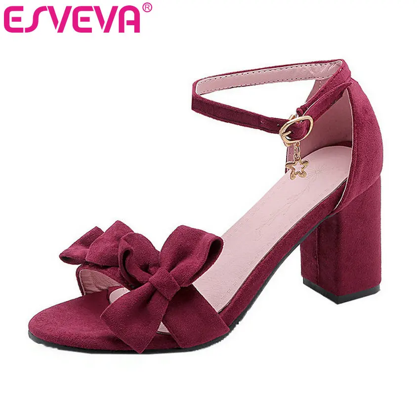 

ESVEVA 2019 Ladies Sandals High Heel Platform Ankle Strap Flock Ladies Platform Western Style Women Shoes Summer Size 34-43