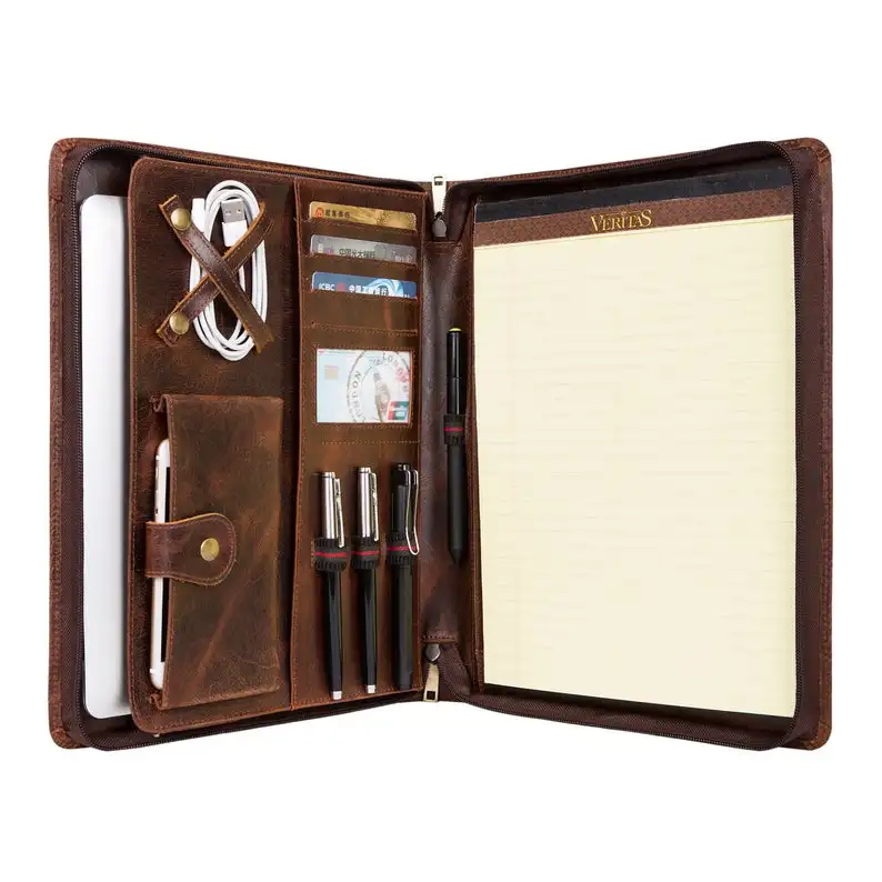 

Handmade Vintage Genuine Leather Padfolio iPad Case Tablet Holder Zippered Business Organizer Folder