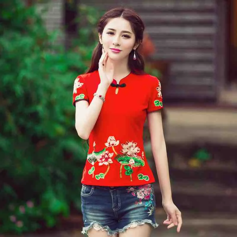 KYQIAO Большие размеры женские рубашки Китайская традиционная вышивка Топы Этнические женские рубашки синий оранжевый черный белый красный цветочный футболка - Цвет: Красный