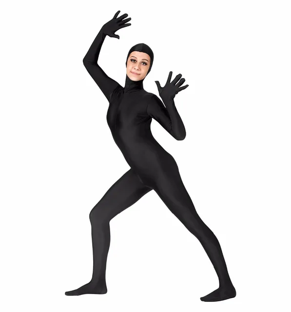 Women's Black Zentai Suit Open Face Lycra Dance Unitard Long Sleeve