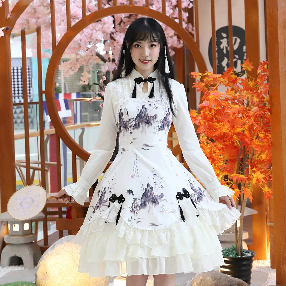 

2018 Summer Women Chinese Style Lolita Dress Printing Tassel Long Sleeves Ruffle Sweet Lolita Dress For Girl Hot Sale Wholesale