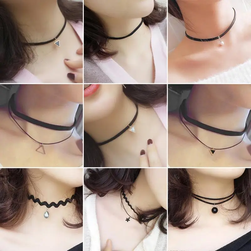 Горячая Распродажа, 5-13 шт, женское короткое ключичное ожерелье, кружевное ожерелье на шею, регулируемая черная лента с подвеской, женская короткая шея - Окраска металла: As Picture