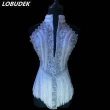 Женский Золотой серебристый комбинезон с кисточками и жемчугом, одежда для сцены, сексуальный комбинезон без рукавов с кристаллами, костюмы для певицы, танцовщицы, ночного клуба, шоу