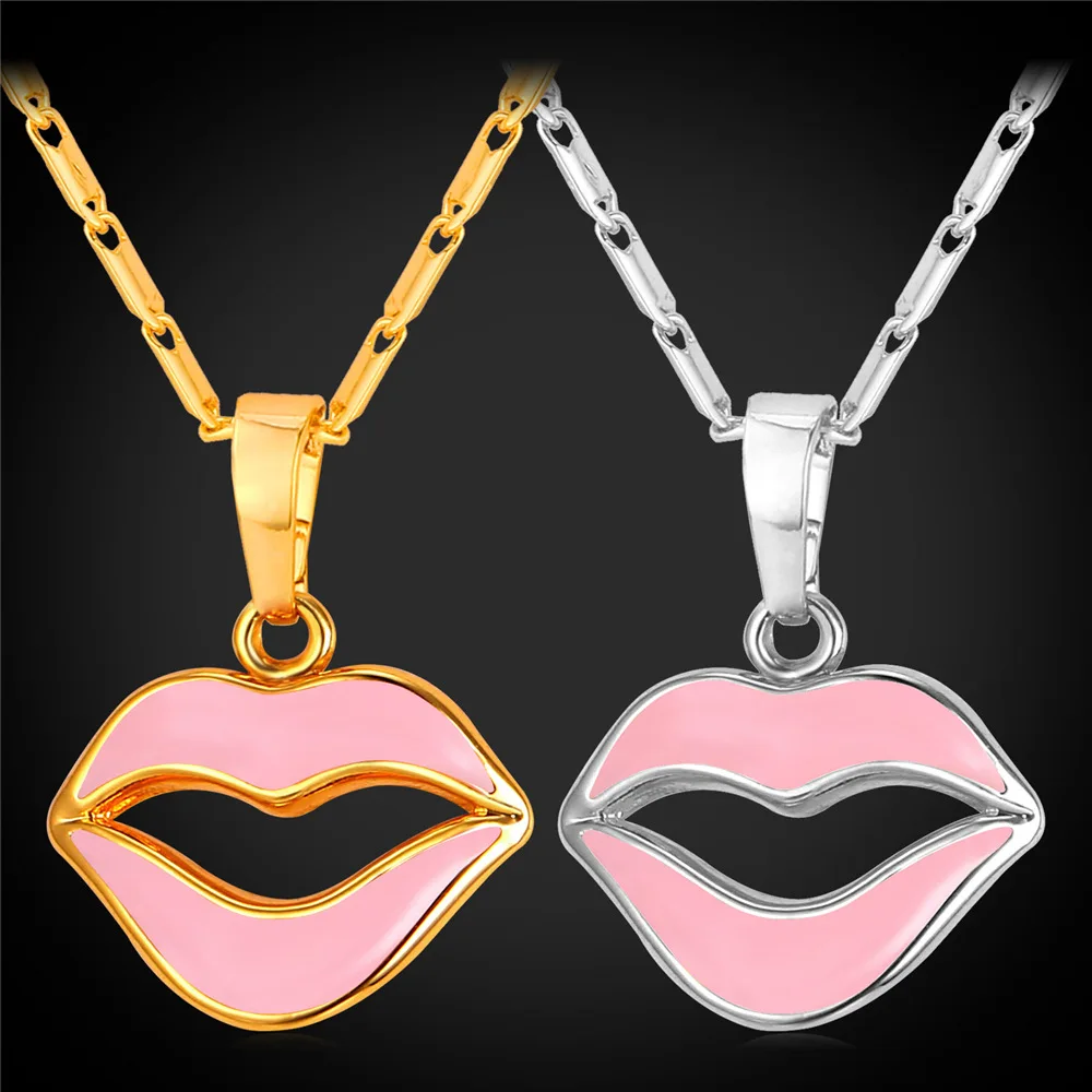 Cute Pink Lip Pendant Necklace Women Jewelry Sexy Lip Mouth Gold/Silver