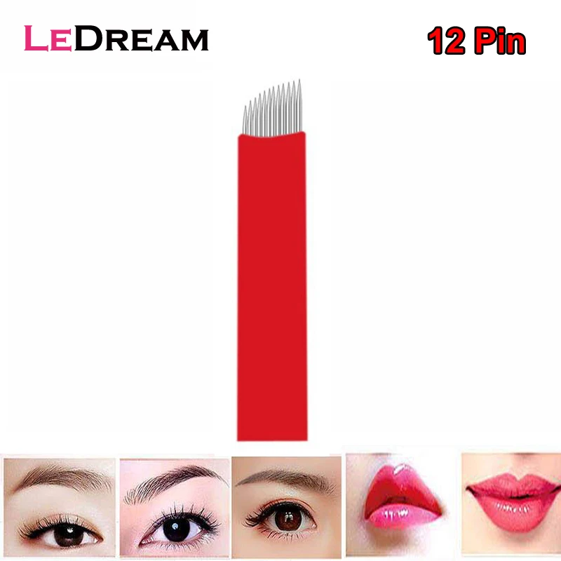 

5PCS/lot Red 12 Pin Slant Microblading Tattoo Needles Micro Blades Cartridges Tips For Permanent Eyebrow Makeup Manual Pen