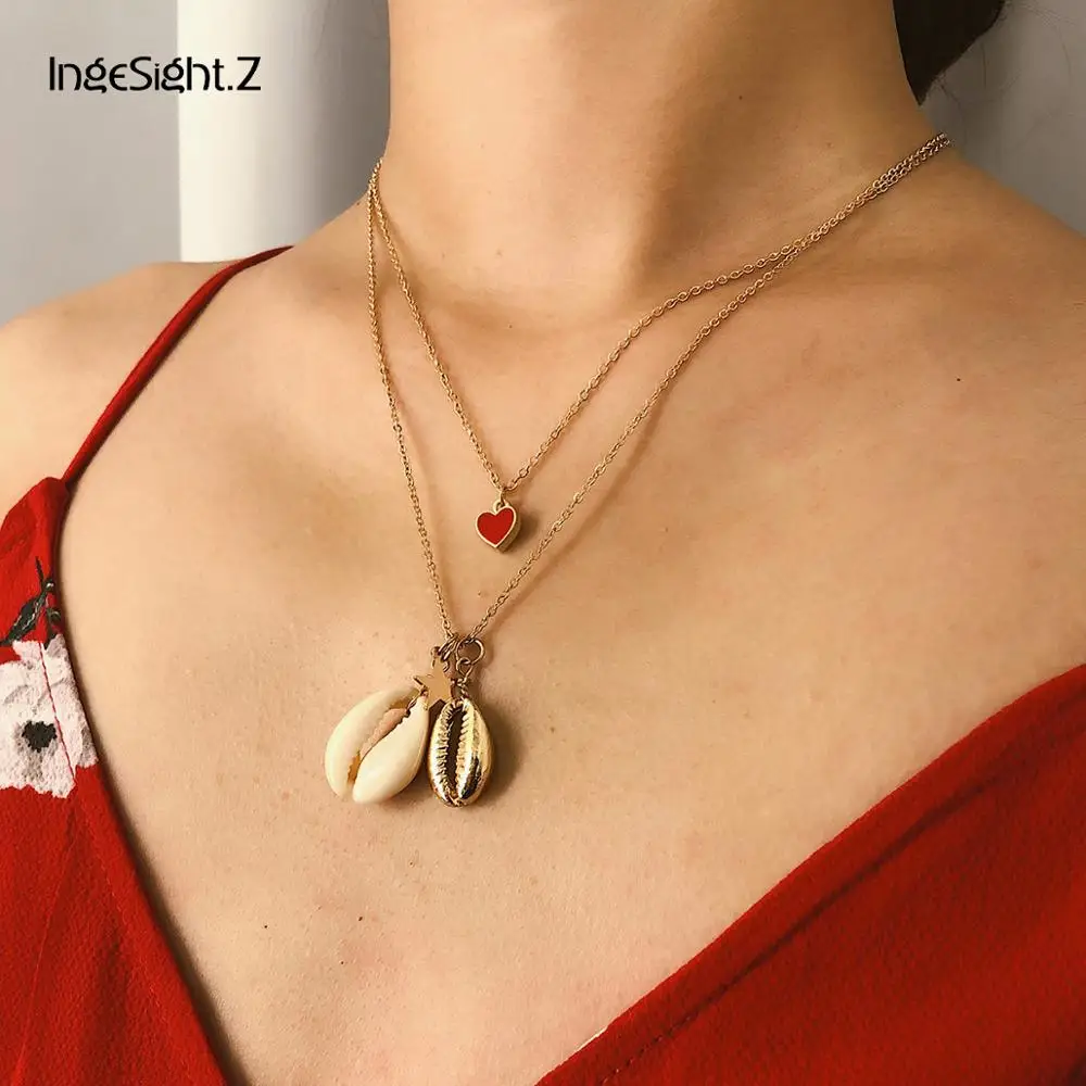 

IngeSight.Z Bohemian Natural Cowrie Shell Choker Necklace Collar Statement Cute Red Lover Heart Pendant Necklace Women Jewelry