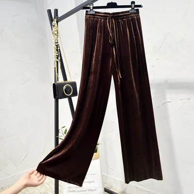 Осенние вельветовые широкие длинные штаны для женщин Зимние новые женские шикарные длинные брюки с металлическим плетением розового и синего цвета - Цвет: deep coffee