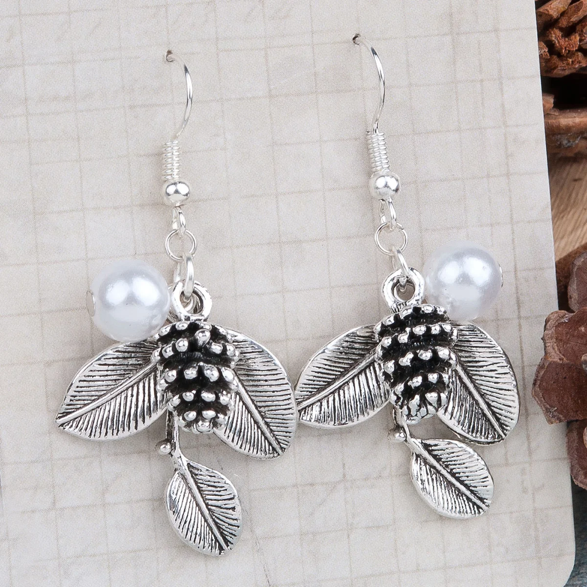 

Doreen Box Earrings Antique Silver White Pine Cone Leaf Created Pearl 47mm x 24mm,1 Pair 2017 new