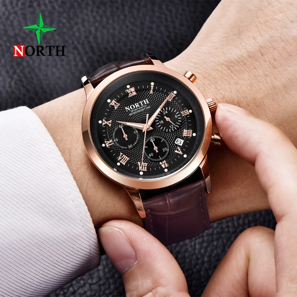 

NORTH Mens Watches Top Brand Luxury Leather Quartz Business Clock Men Sport Waterproof Chronograph Watch Gift Relogios Masculino